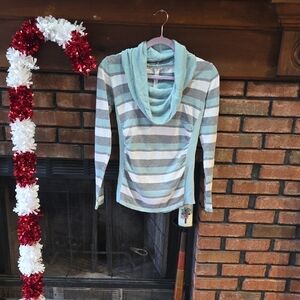 Elegant Cowl Neck Sweater - Blue and Gray Stripes
